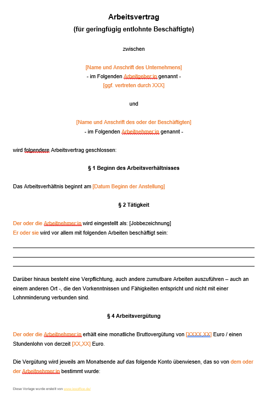 Arbeitsvertrag für einen Minijob mit Muster erstellen