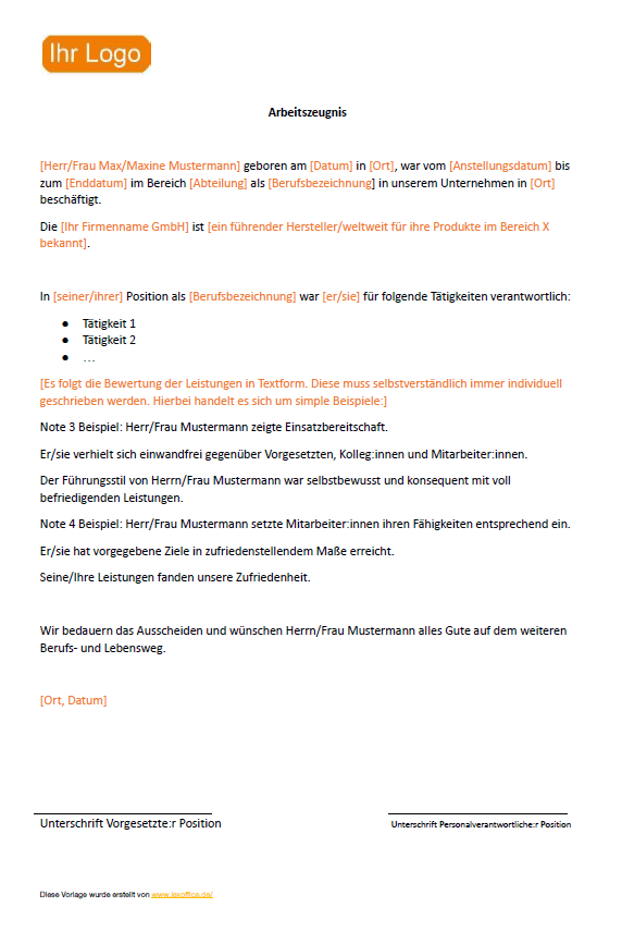 Arbeitszeugnis Vorlage Kostenlos für die Noten 15